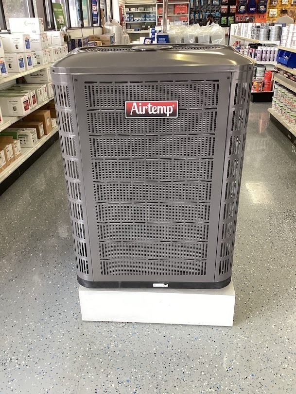 AirTemp gray outdoor air conditioner unit displayed in a store aisle