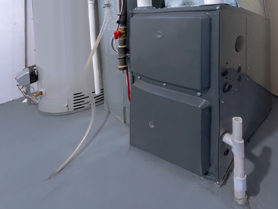 Gray HVAC unit in a utility room beside pipes and a water heater