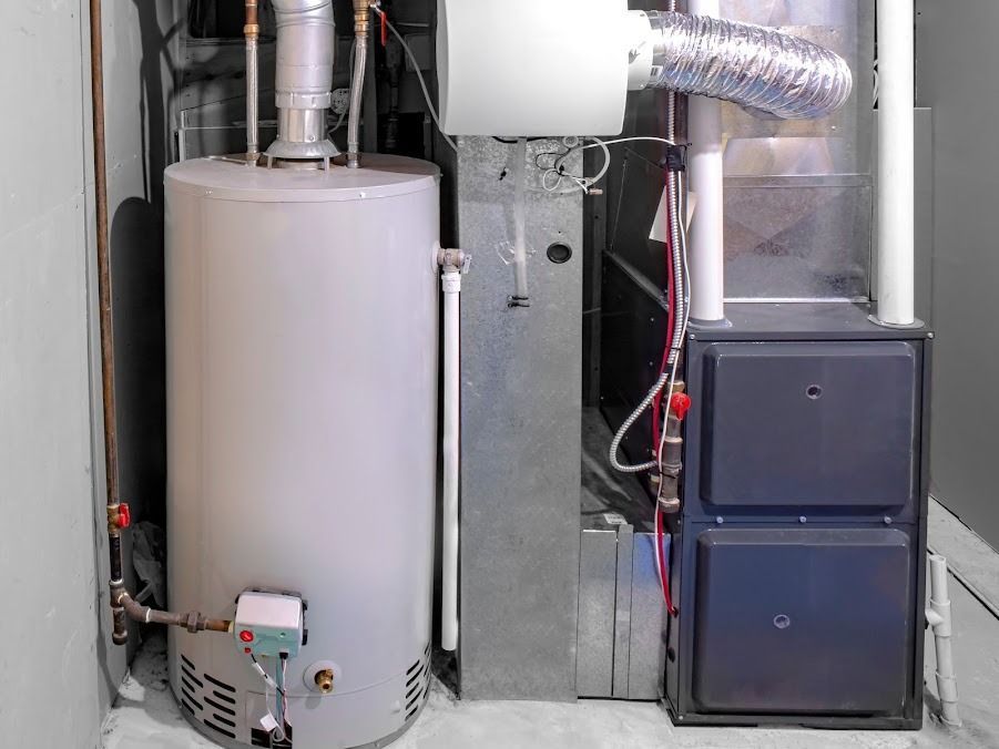 Water heater and HVAC furnace units in a basement utility room.