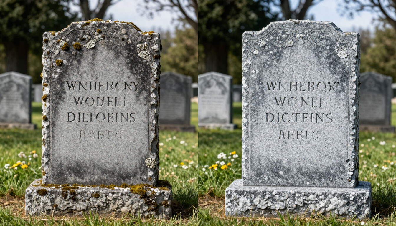 Before and after view of a weathered granite headstone restored with careful monument cleaning.