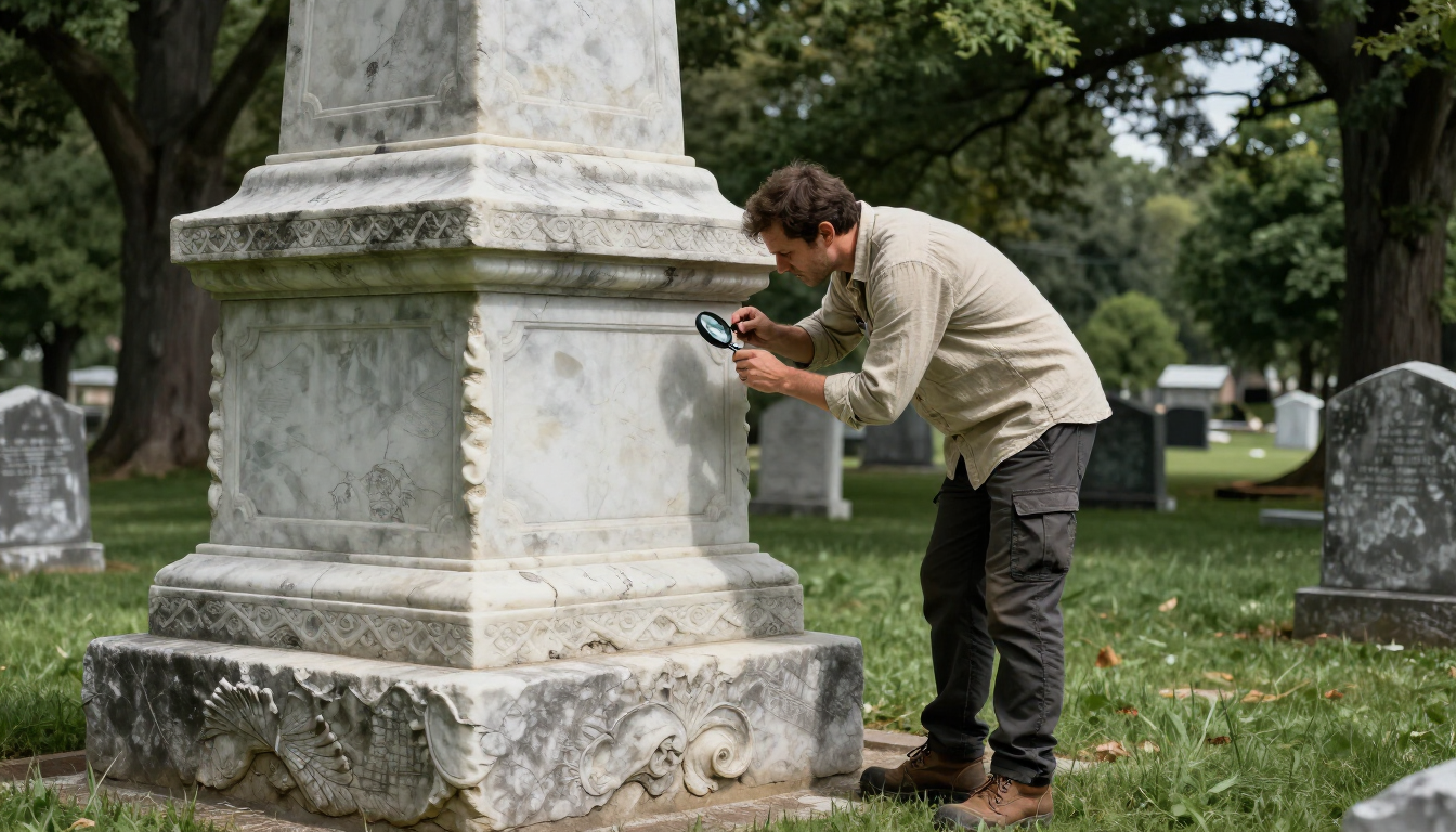 Stone preservation inspection of a marble memorial with visible weathering.