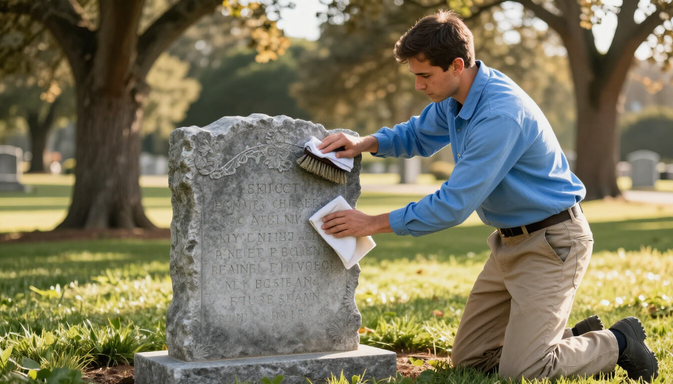 Technician carefully cleaning a headstone with gentle restoration tools.