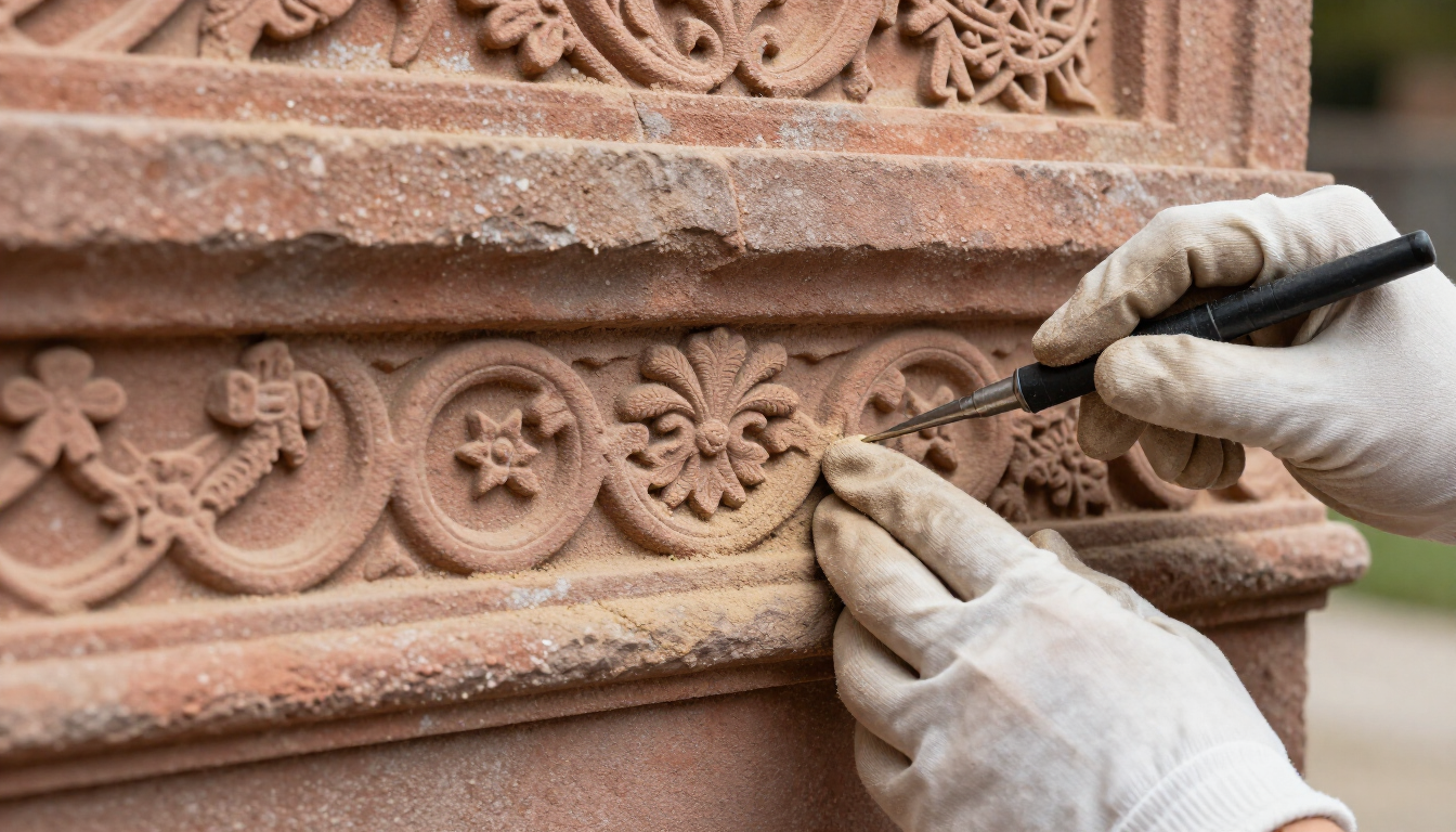 Detailed surface cleaning on an ornate sandstone monument.
