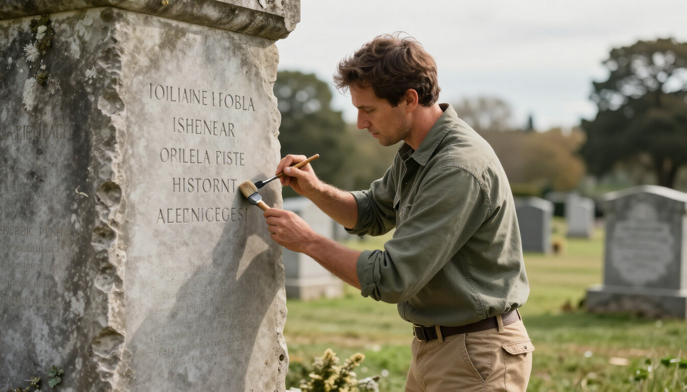 A craftsperson carefully restoring weathered lettering on a memorial stone with professional tools.