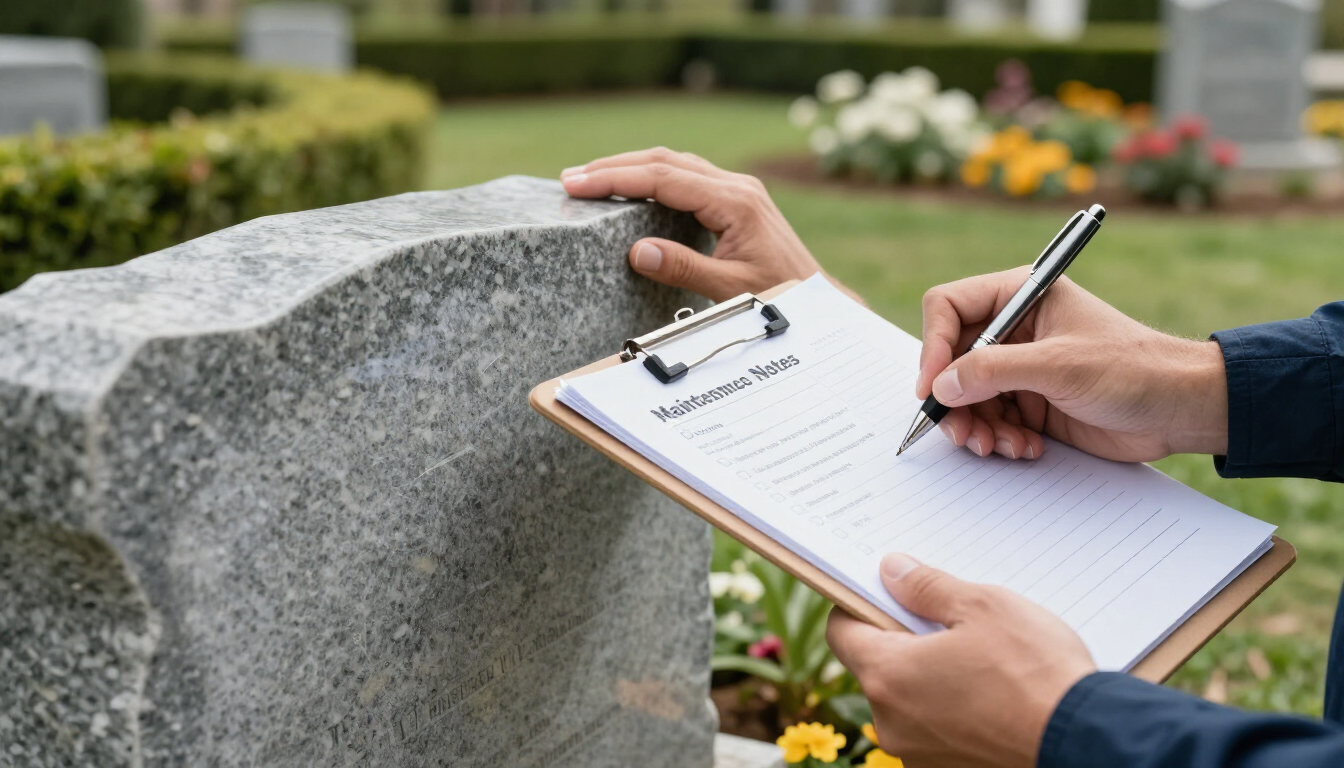 Hands inspecting a well-kept headstone and recording maintenance notes in a serene memorial garden.