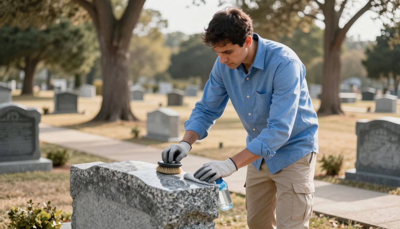 A specialist gently cleaning a granite headstone with soft brushes and water in a quiet cemetery setting.