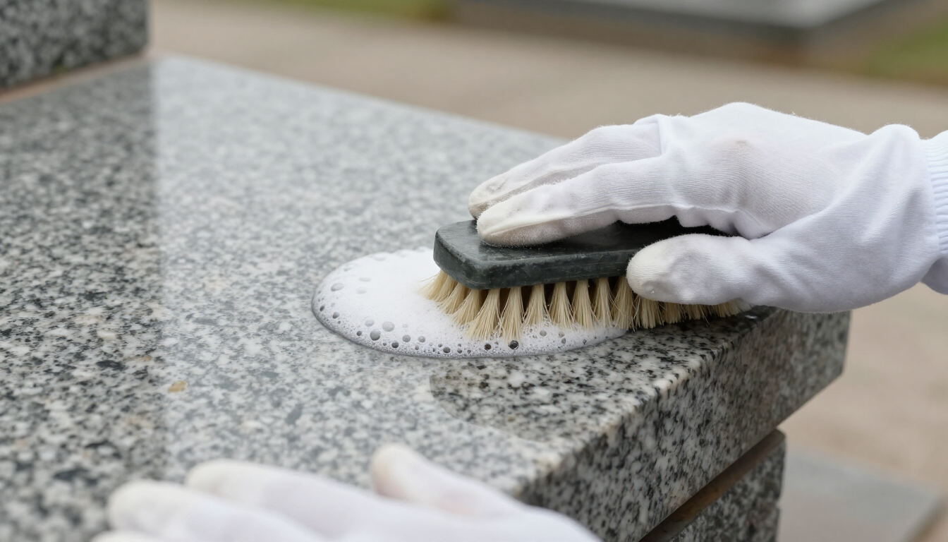 Close-up of stone surface cleaning on a granite memorial showing careful preservation work with soft tools.