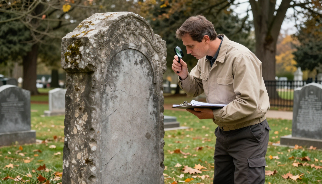 An experienced technician carefully evaluating a monument for cracks, staining, and weathering in a quiet cemetery.