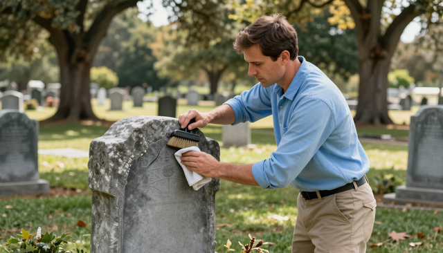 A monument restoration specialist gently cleaning a weathered headstone in a quiet cemetery.