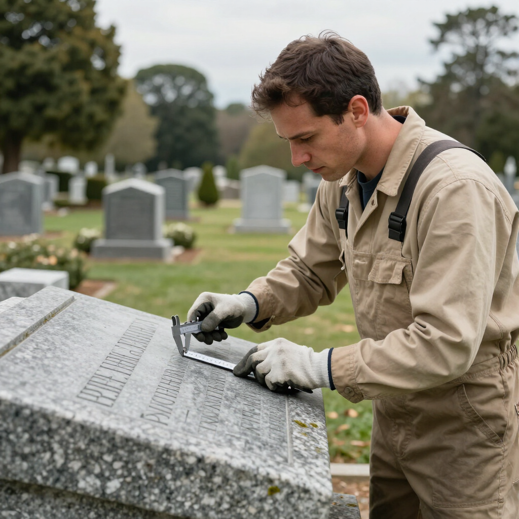 A specialist inspecting memorial lettering and stone condition.