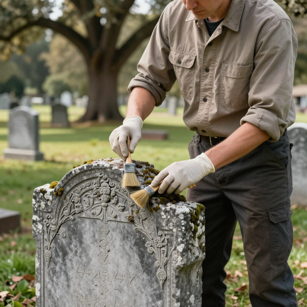 A restoration technician carefully cleaning a historic headstone.