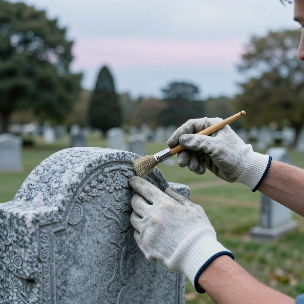 A specialist carefully restoring a stone headstone with detailed, respectful work.