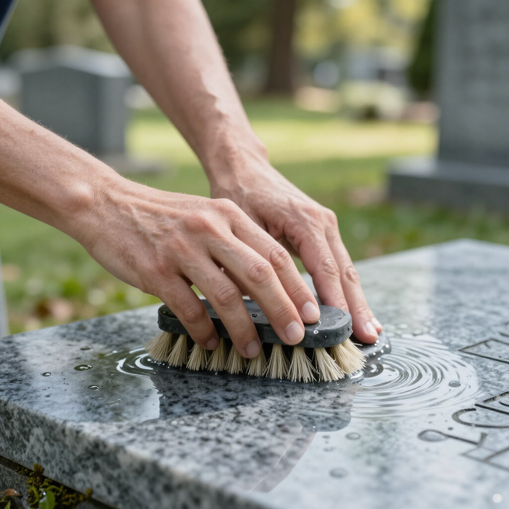 A close-up of careful memorial stone maintenance and surface cleaning.
