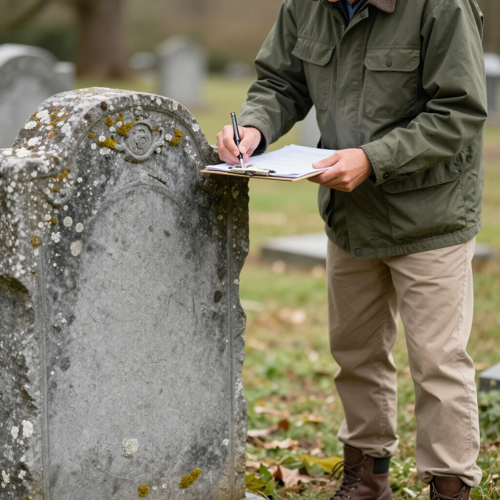 A professional inspecting a memorial for wear and recommending care.