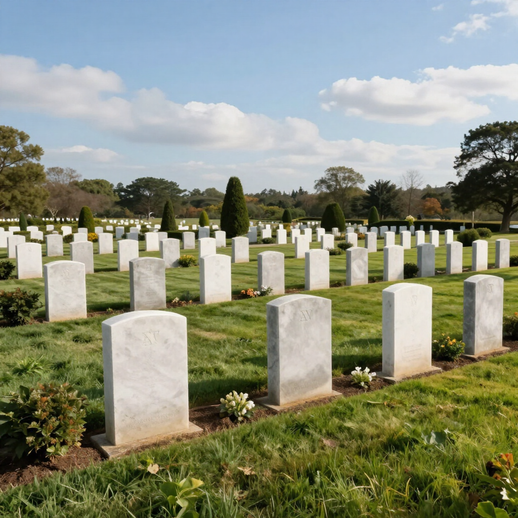 A peaceful cemetery scene showing well-maintained memorial stones.