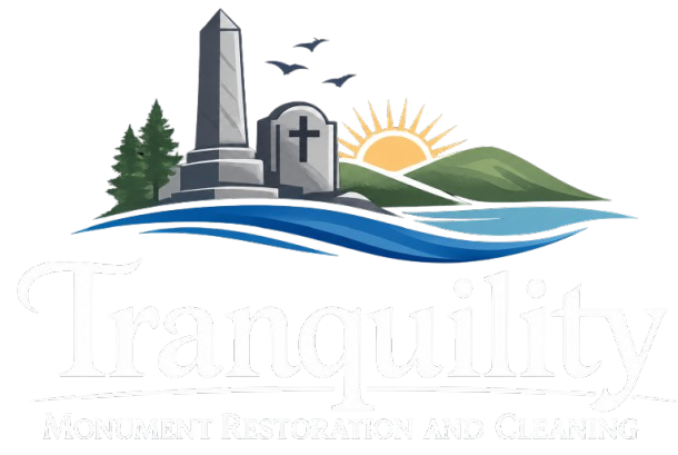 Tranquility Funeral Home logo with monument, cross, sun, hills, and blue wave lines