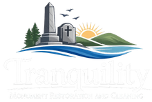 Tranquility Funeral Home logo with monument, cross, sun, hills, and blue wave lines