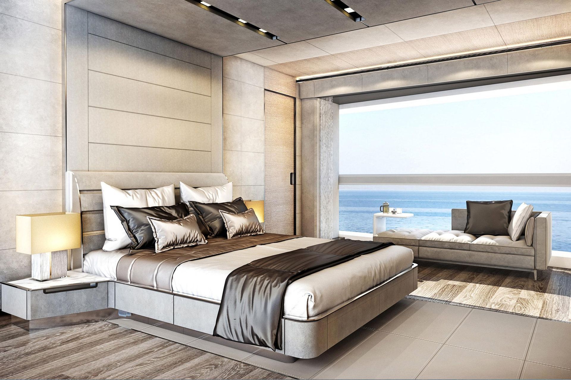 A bedroom with a large bed and a large window overlooking the ocean.