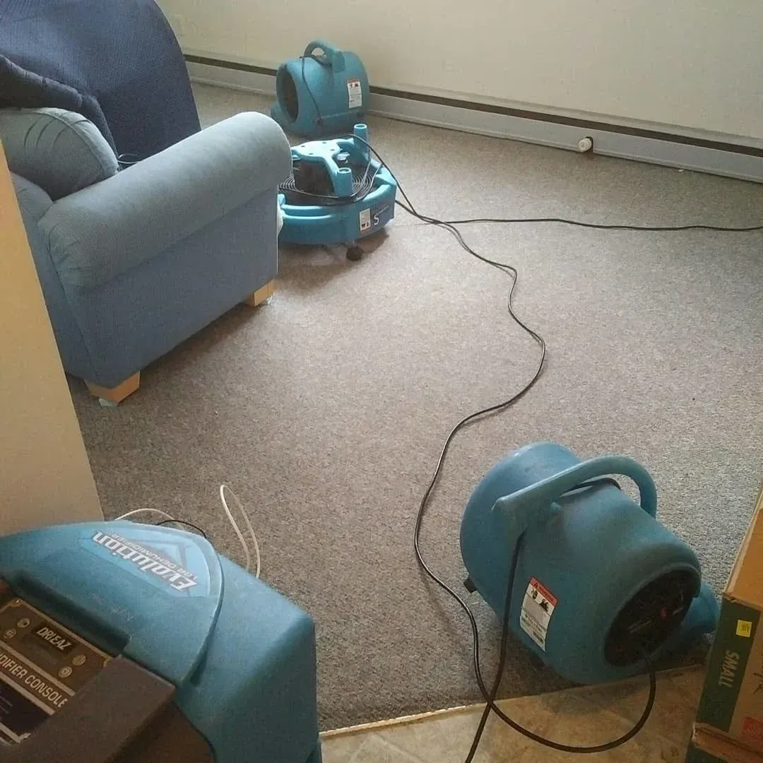 Carpeted room undergoing water damage restoration