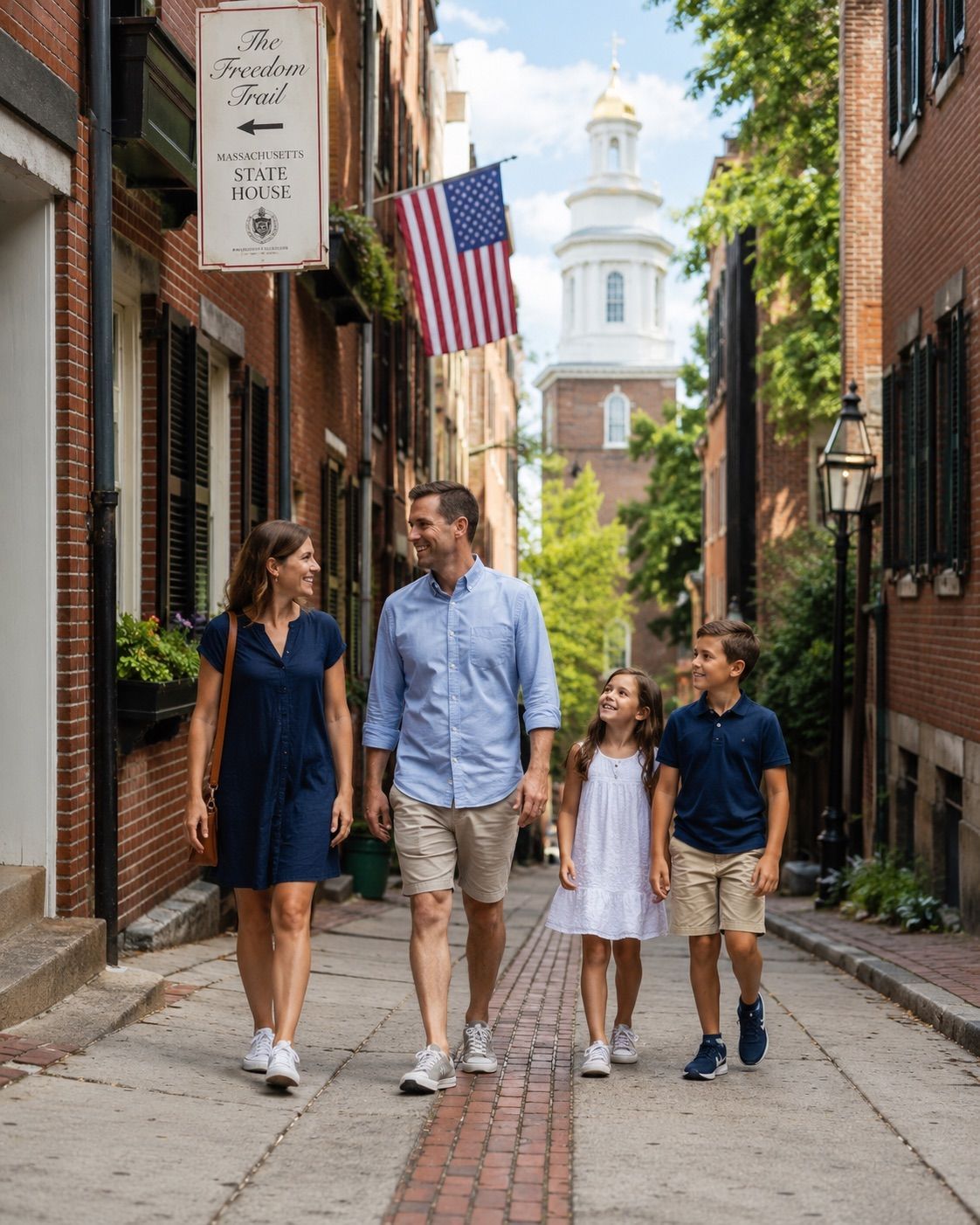 Family walking along Boston's Freedom Trail surrounded by historic colonial buildings on a sunny day.