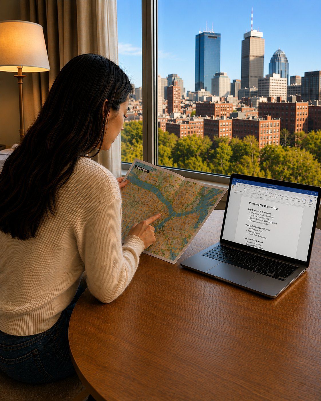 Traveler planning a Boston trip with a city map and laptop while viewing the Boston skyline.