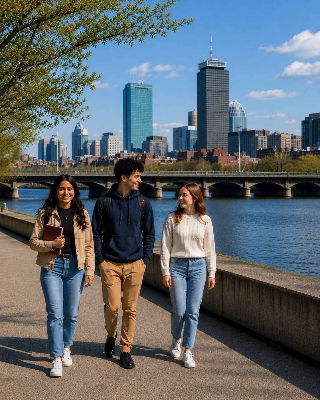 Three students walking near MIT in Cambridge with the Boston skyline, enjoying an affordable day exp