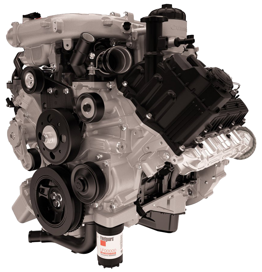 A studio shot of a modern, silver and black V8 internal combustion engine against a plain white background.