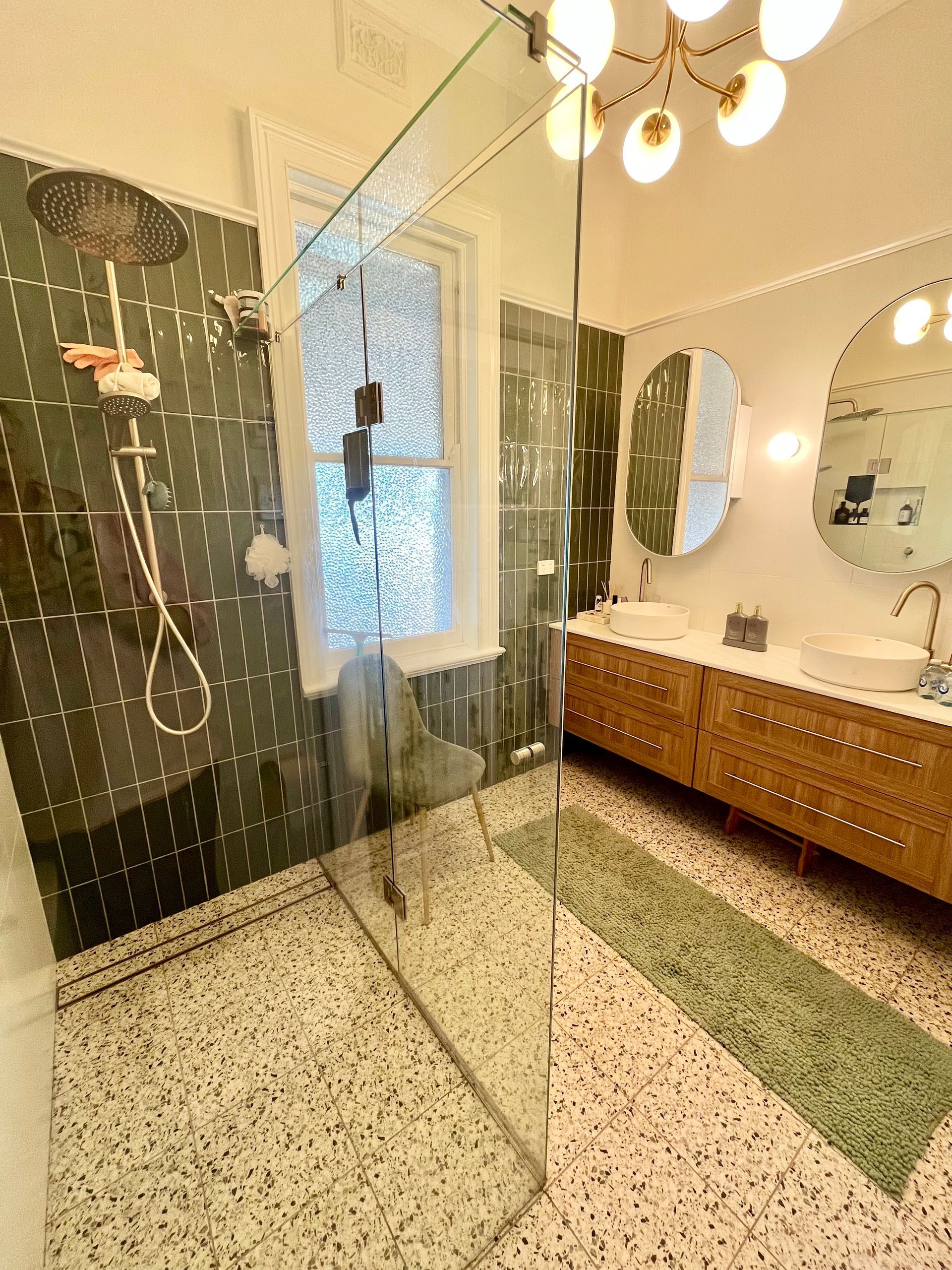 Modern Bathroom With Glass Shower, Wood Vanity — Boyne Building & Renovations in Ponto, NSW