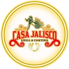 Casa Jalisc logo in red text inside a gold circular emblem with a chef hat and chili pepper