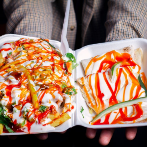 Two takeout dessert trays drizzled with red, white, and green sauce, held in front of a person