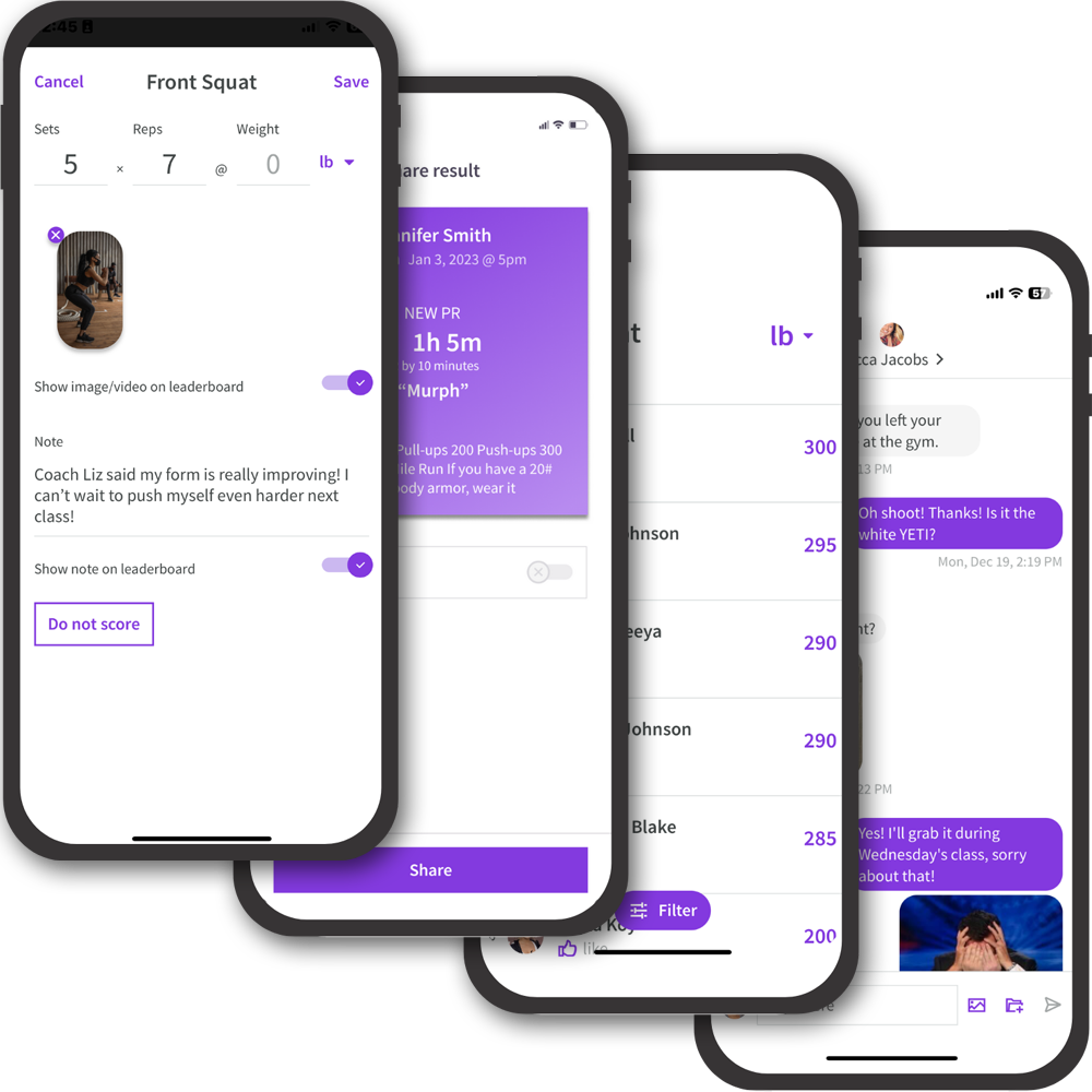 Four mobile phone screens displaying a workout app interface with purple accents.