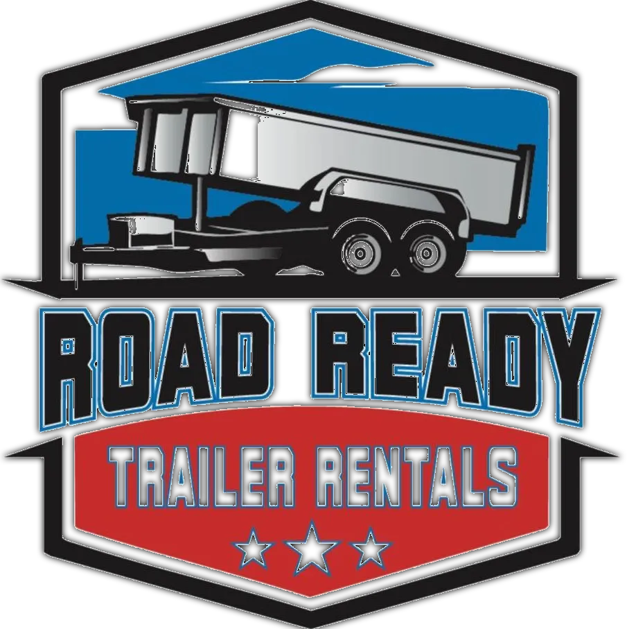 Logo for "Road Ready Trailer Rentals" featuring a black dump trailer over the company name on blue and red backgrounds.