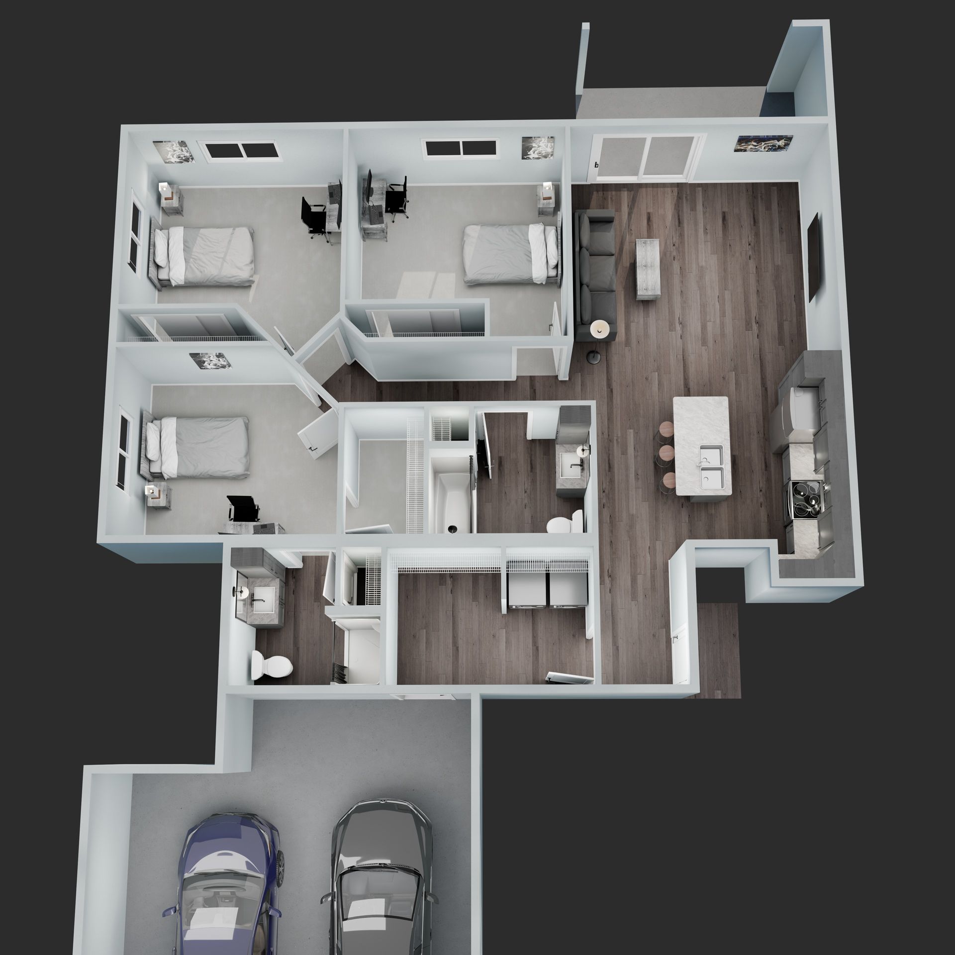 3D floor plan of a small apartment with two bedrooms, open kitchen-living area, bathroom, and garage with two cars