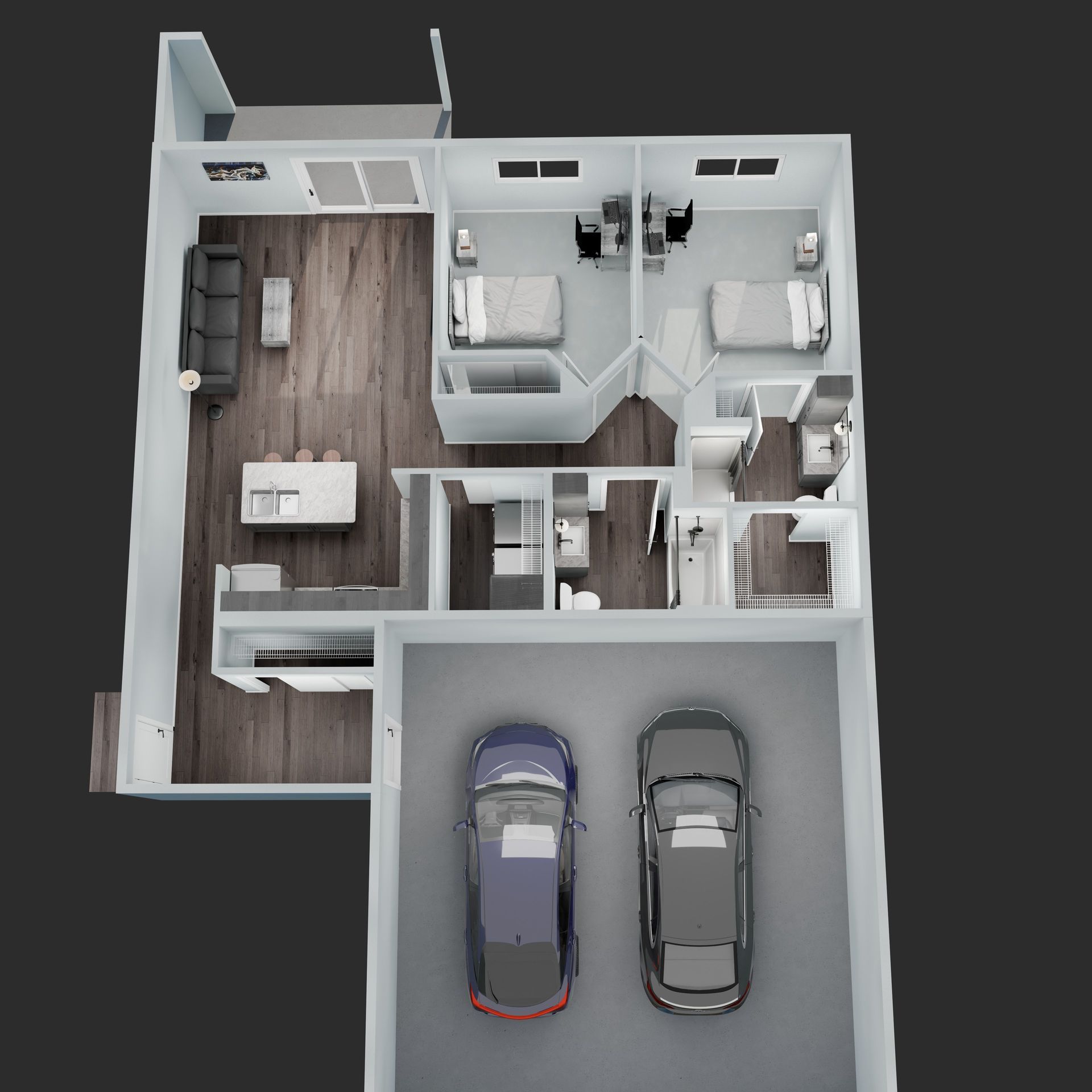 3D floor plan of a house with living room, kitchen, bedrooms, bathroom, and two cars in a garage