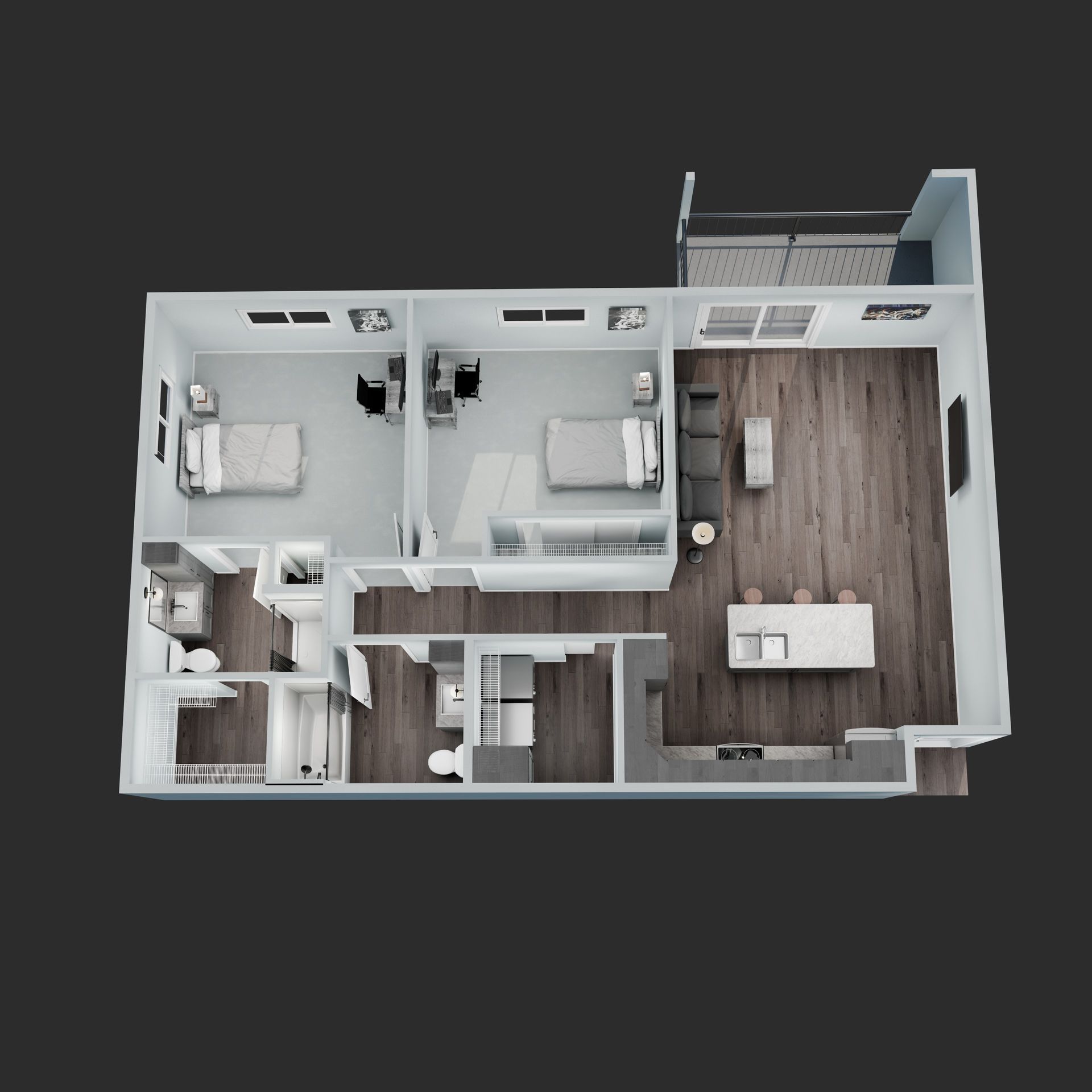 3D floor plan of a small apartment with two bedrooms, kitchen, bathroom, and living area