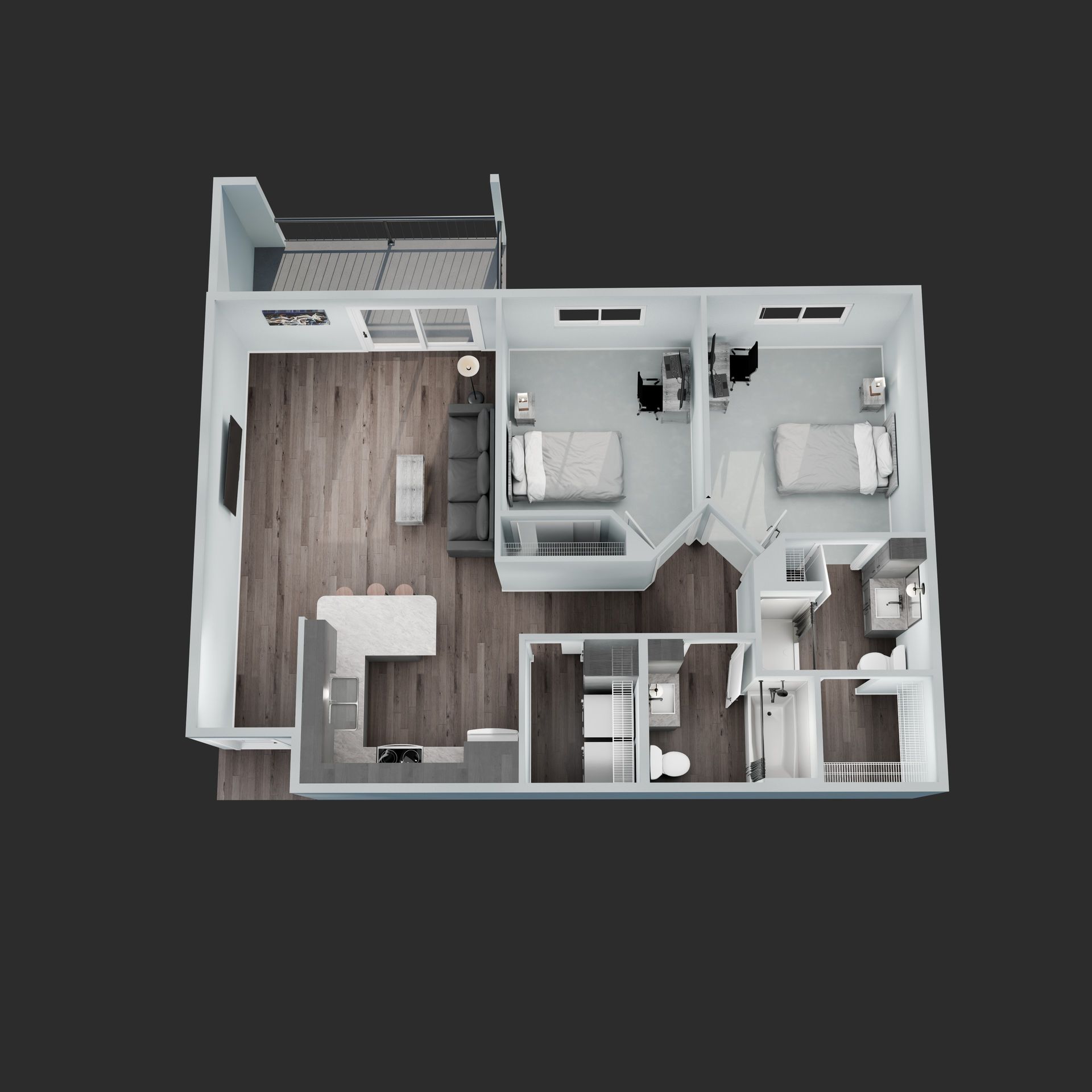 3D floor plan of a small apartment with living area, kitchen, two bedrooms, and a bathroom