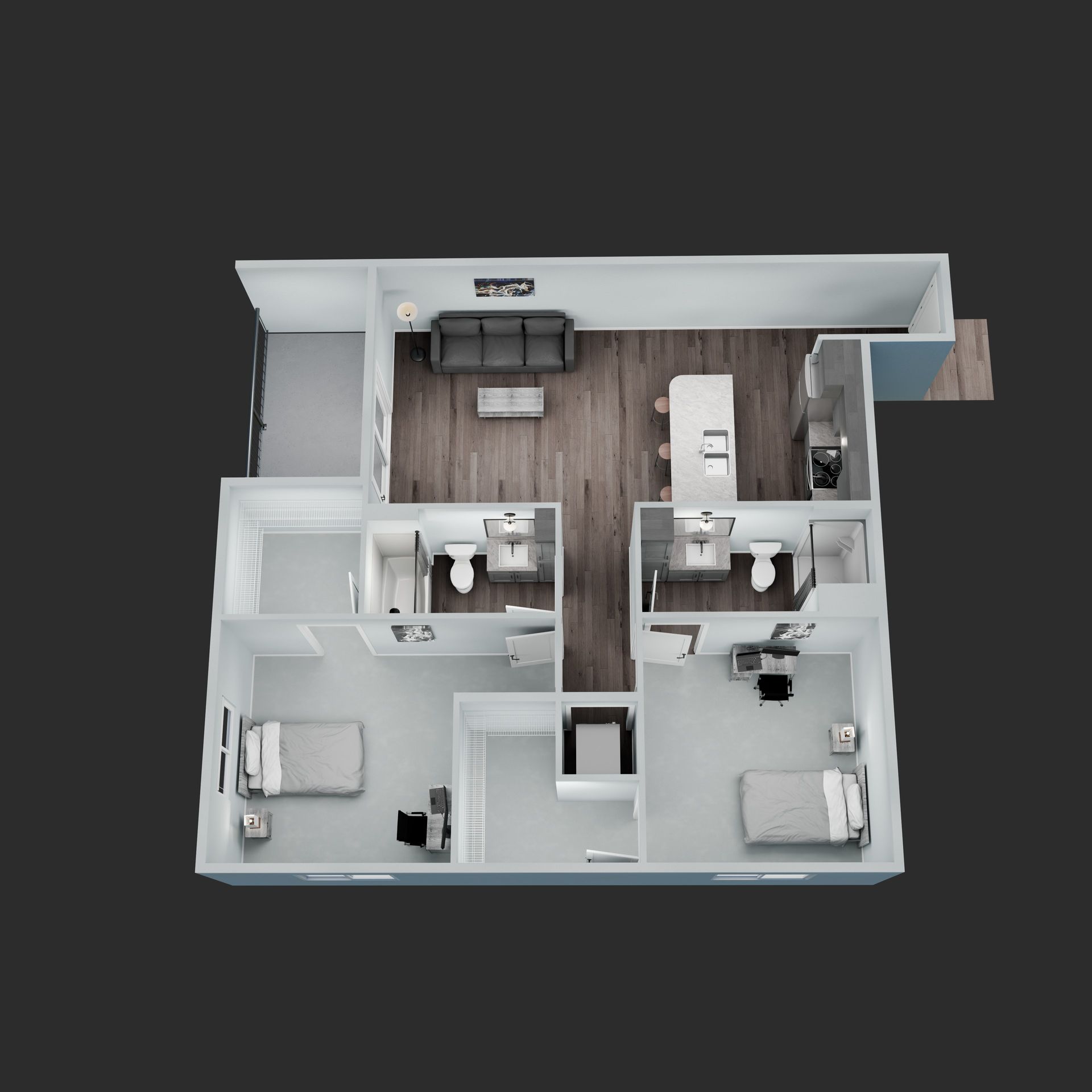 3D floor plan of a modern two-bedroom apartment with open kitchen, living area, and bathroom