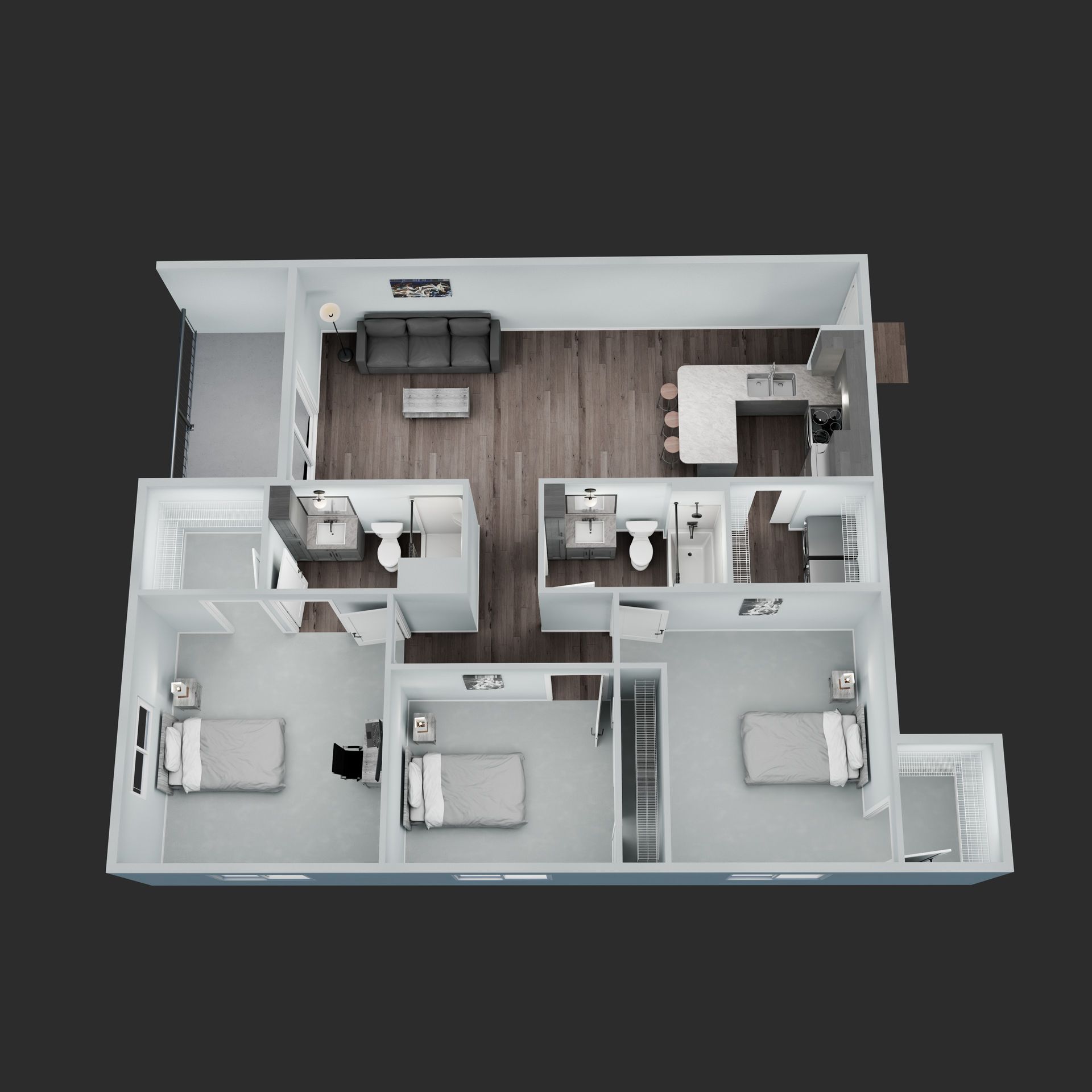Top-down 3D floor plan of a modern apartment with three bedrooms, two bathrooms, and an open living kitchen area