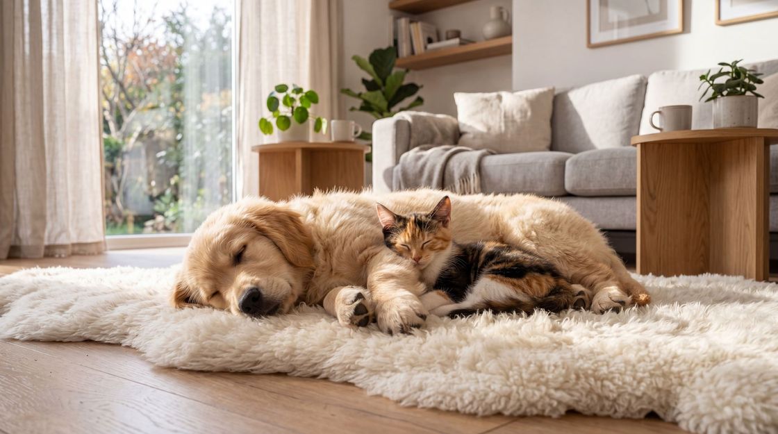 Golden retriever and tabby cat resting together on a fluffy rug in a bright living room.
