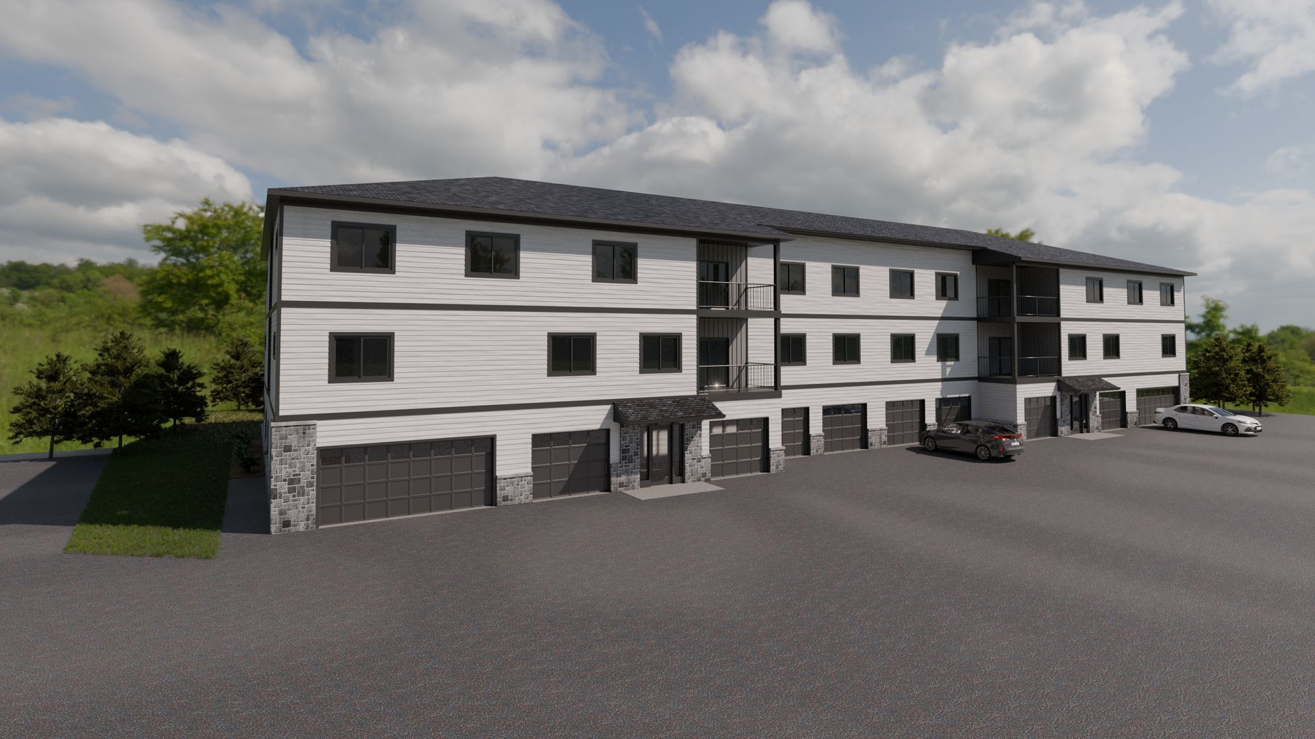 Modern three-story white apartment building with black trim and parked cars in front