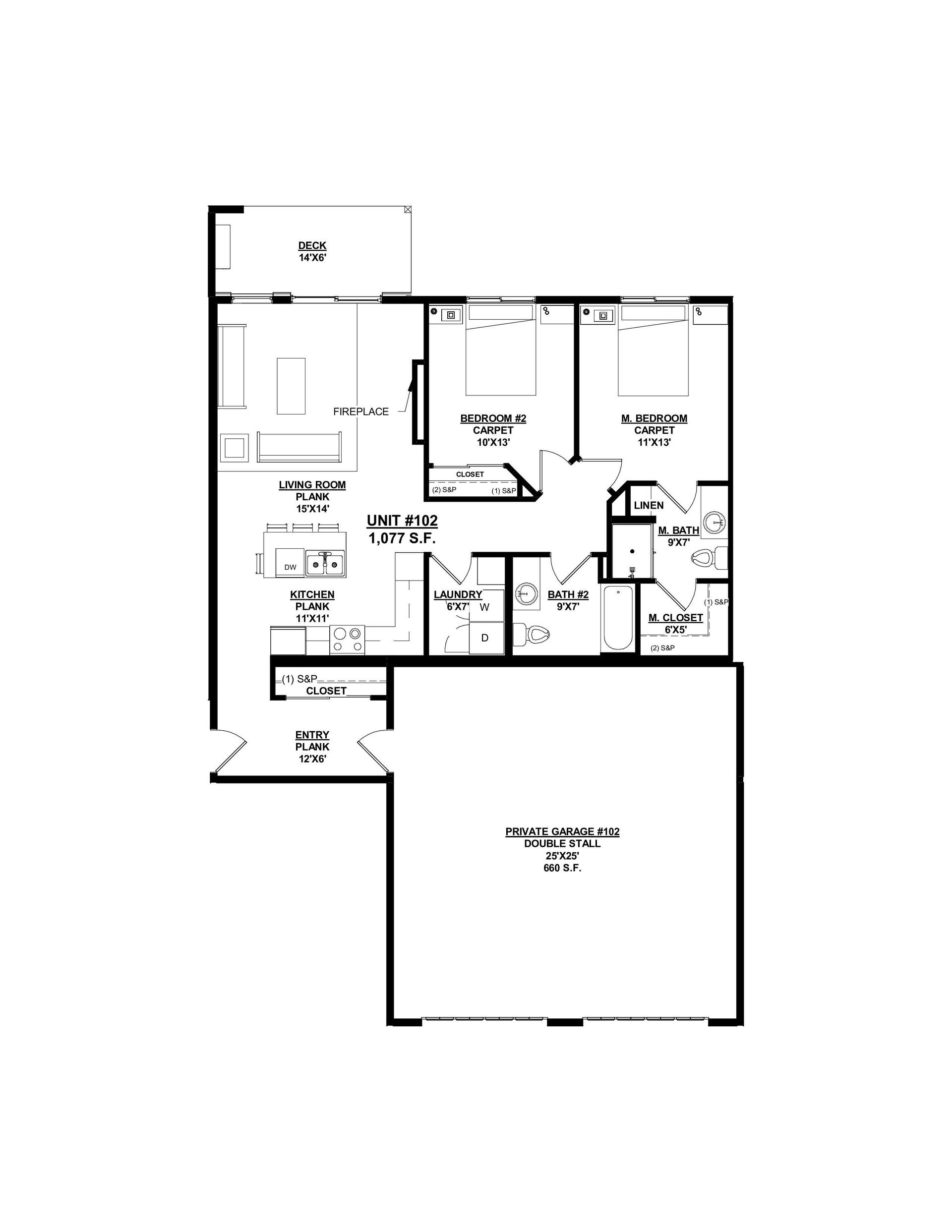 Woodland Creek Unit 102 – 2 Bed | 2 Bath, 1,052 sq ft, attached 2-car garage