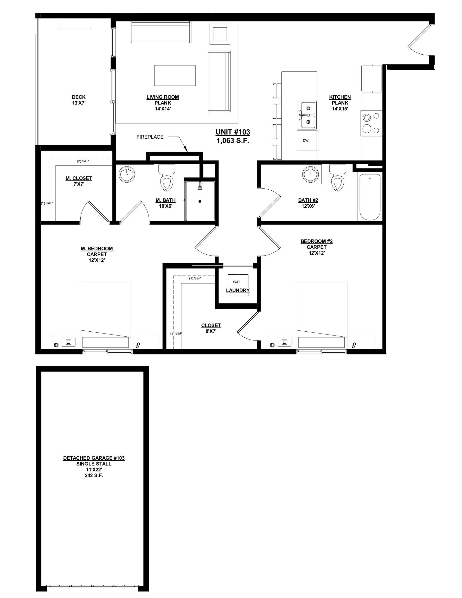 Woodland Creek Unit 103 – 2 Bed | 2 Bath, 1,063 sq ft, detached 1-car garage