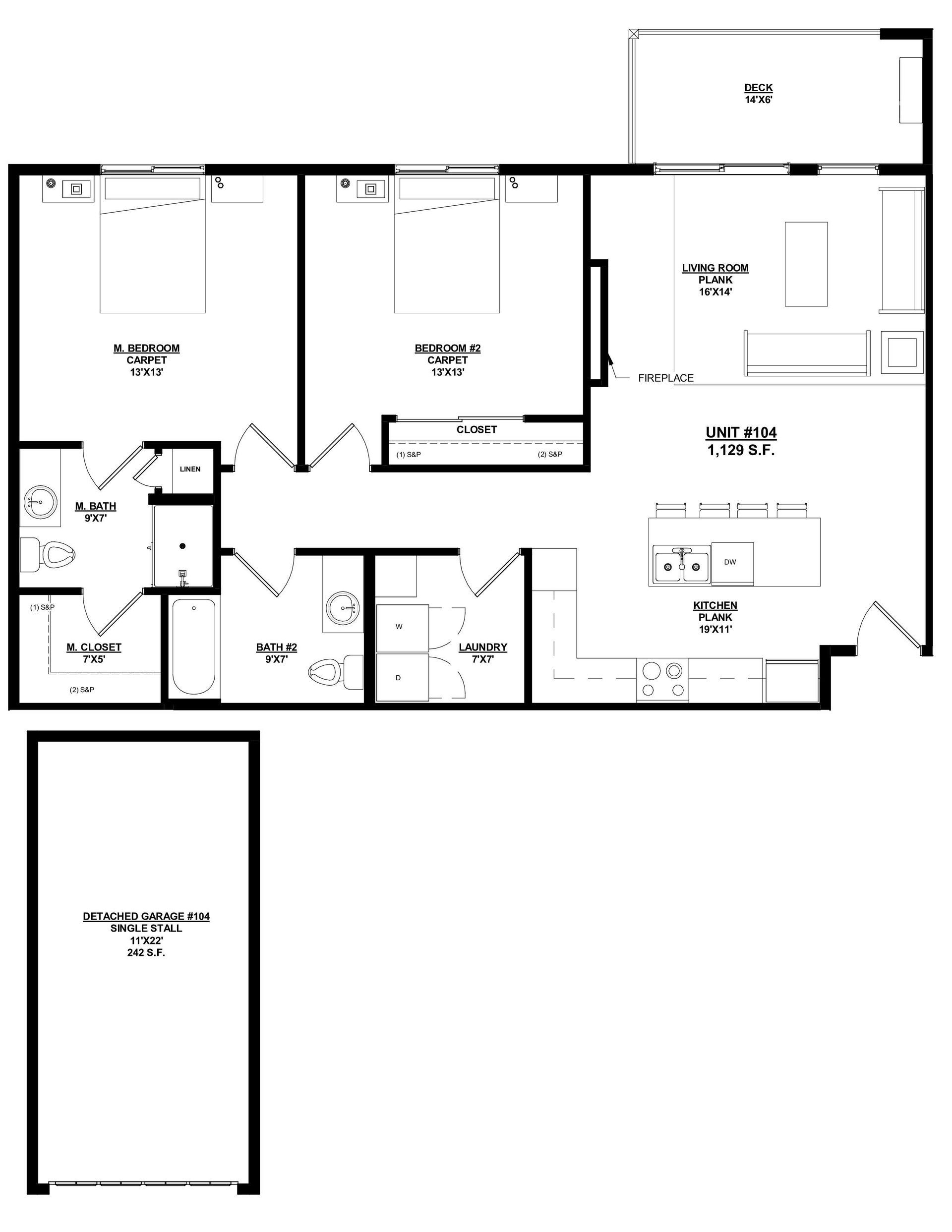 Woodland Creek Unit 104 – 2 Bed | 2 Bath, 1,129 sq ft, detached 1-car garage