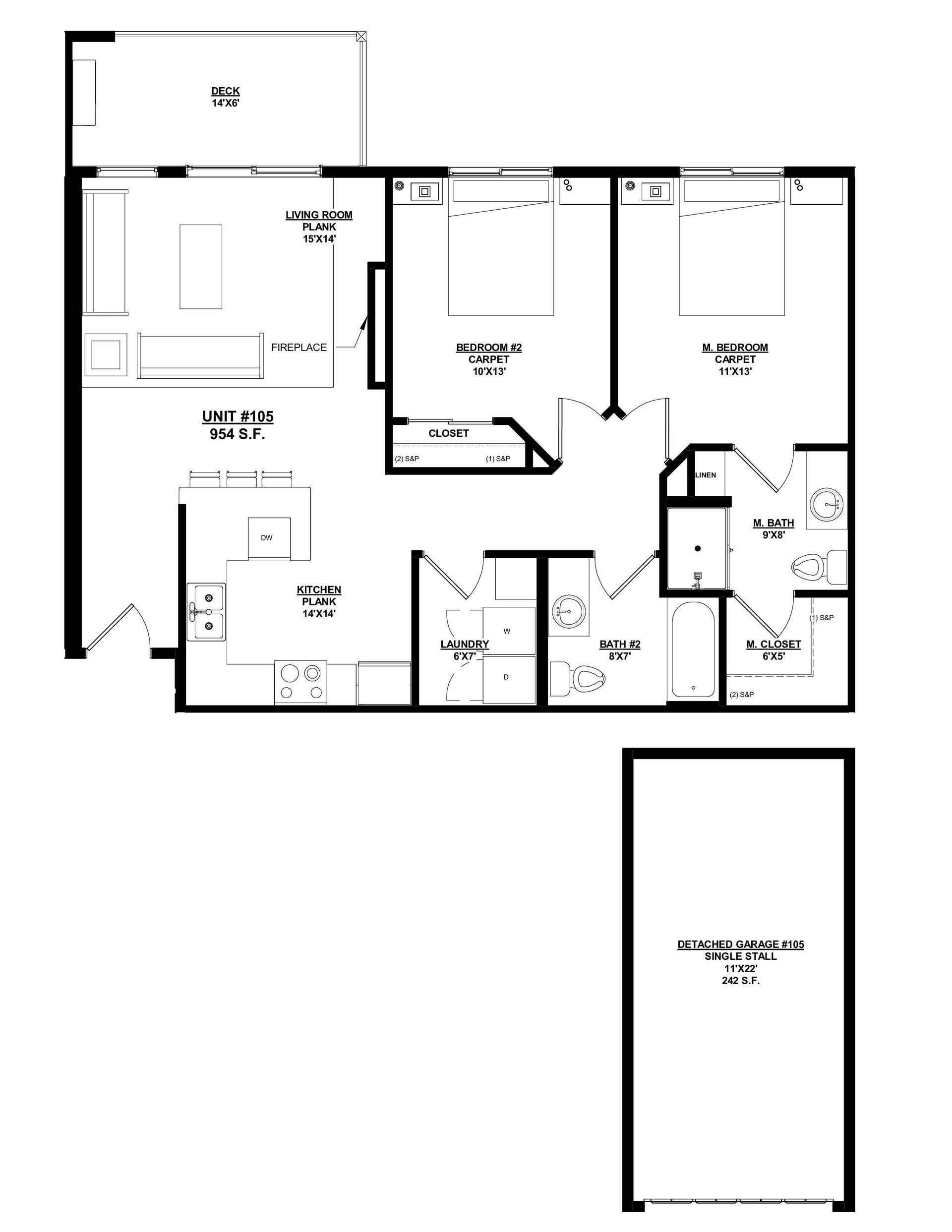 Woodland Creek Unit 105 – 2 Bed | 2 Bath, 954 sq ft, detached 1-car garage