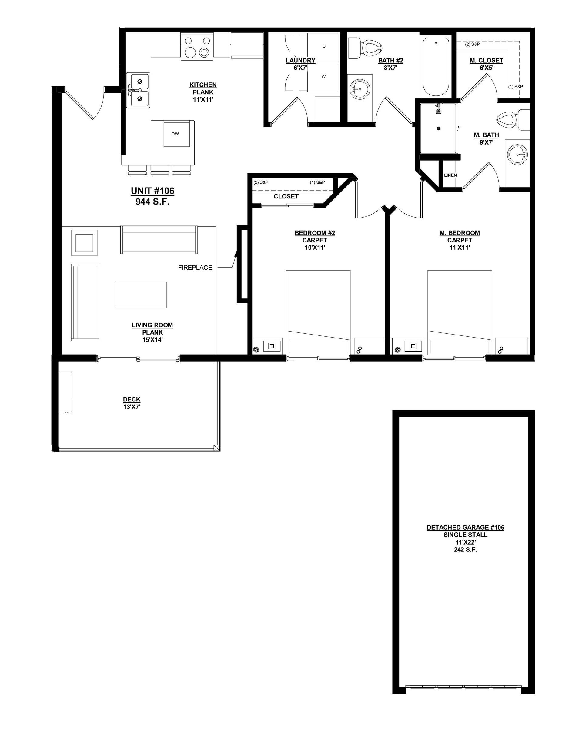 Woodland Creek Unit 106 – 2 Bed | 2 Bath, 944 sq ft, detached 1-car garage