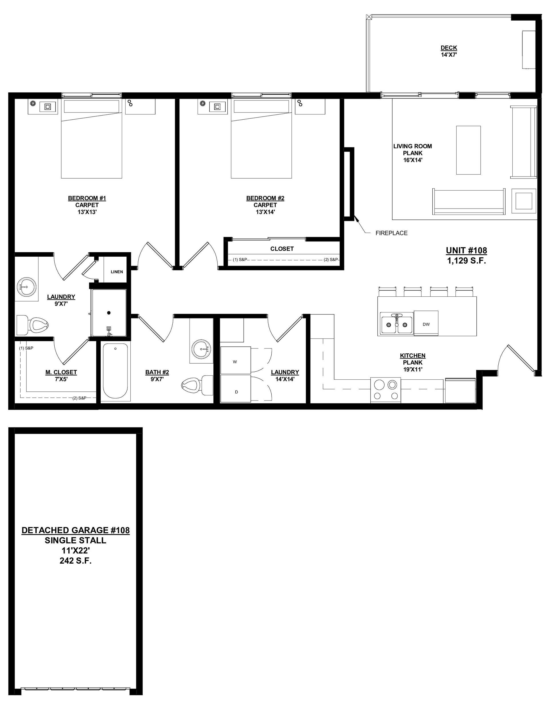 Woodland Creek Unit 108 – 2 Bed | 2 Bath, 1,129 sq ft, detached 1-car garage