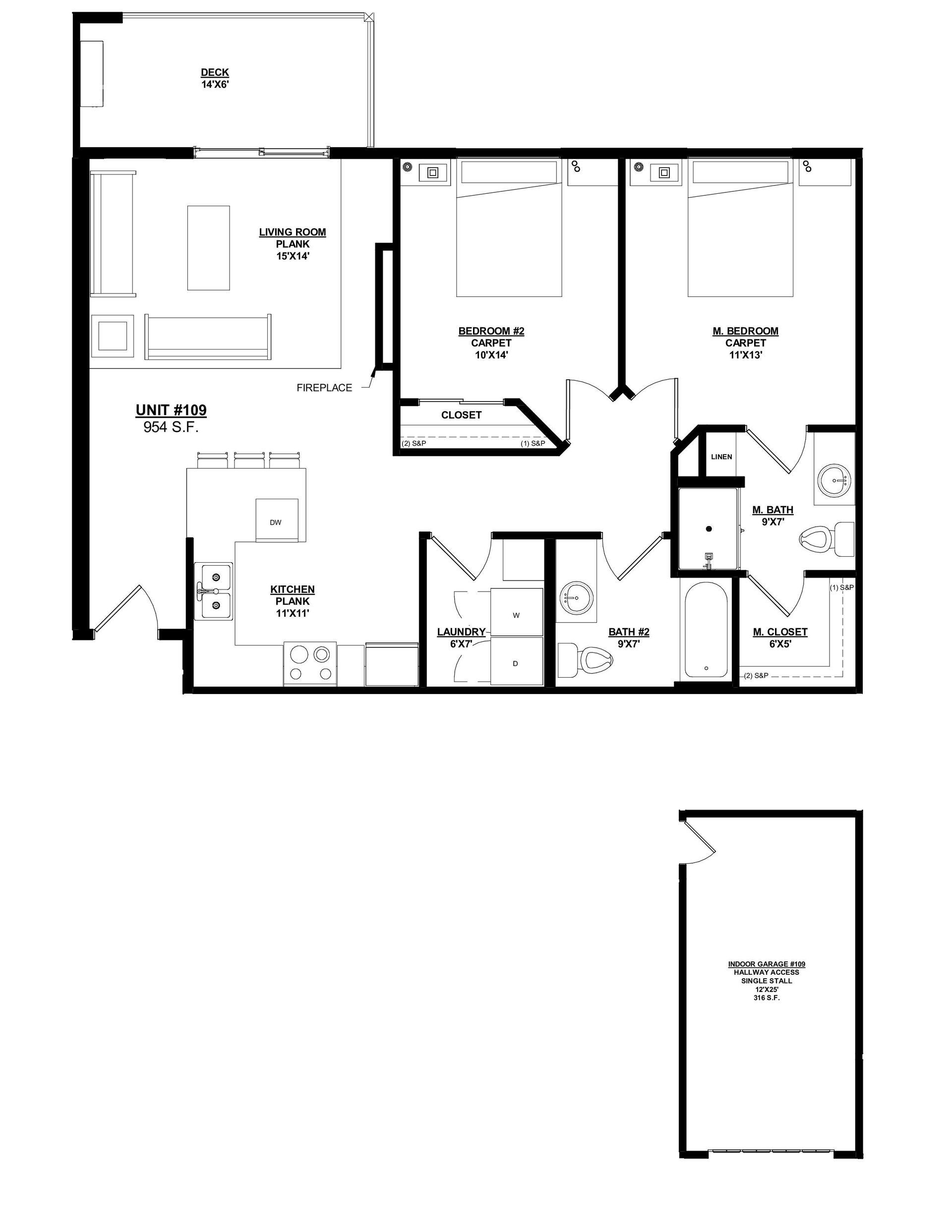 Woodland Creek Unit 109 – 2 Bed | 2 Bath, 954 sq ft, attached 1-car garage