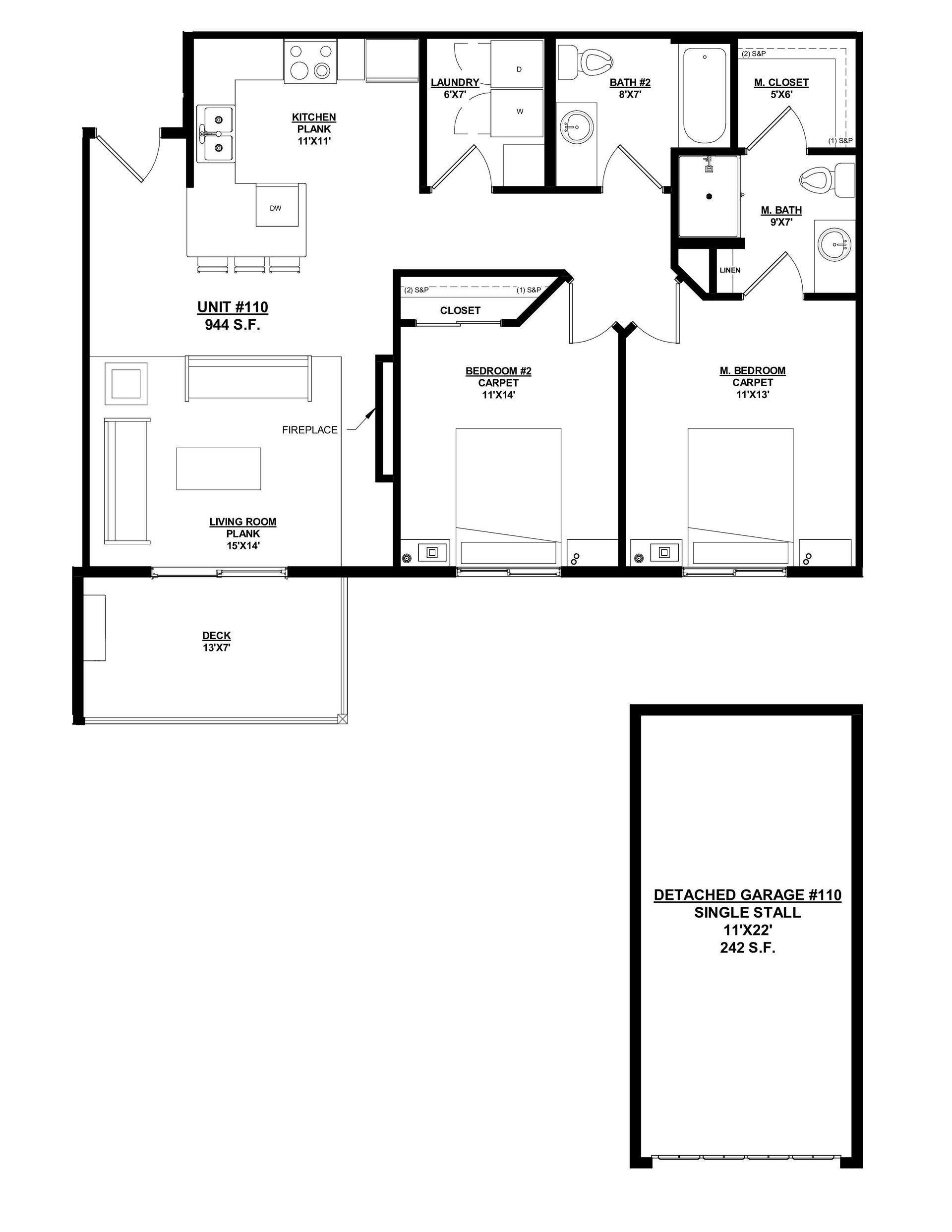 Woodland Creek Unit 110 – 2 Bed | 2 Bath, 944 sq ft, detached 1-car garage