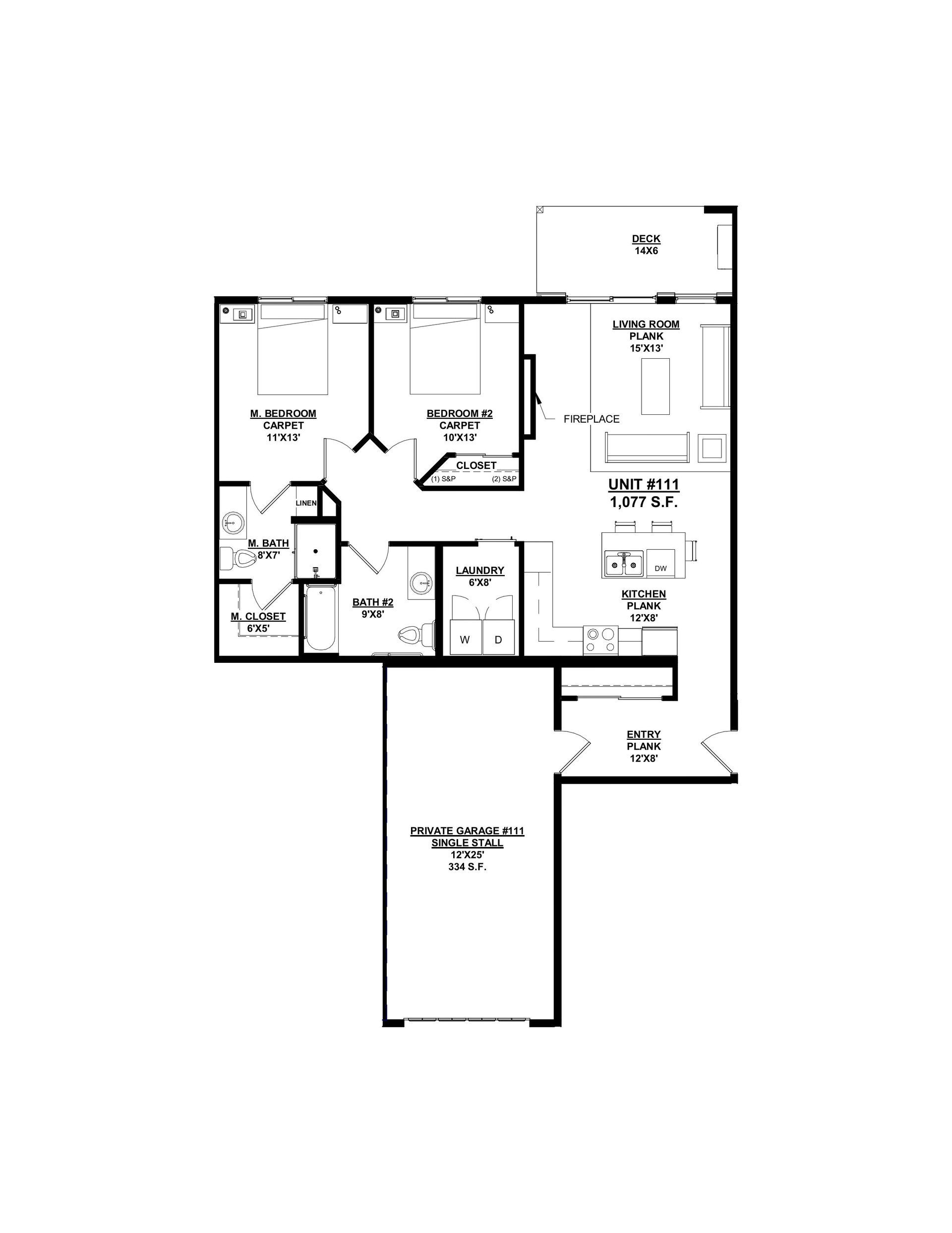 Woodland Creek Unit 111 – 2 Bed | 2 Bath, 1,052 sq ft, attached 1-car garage