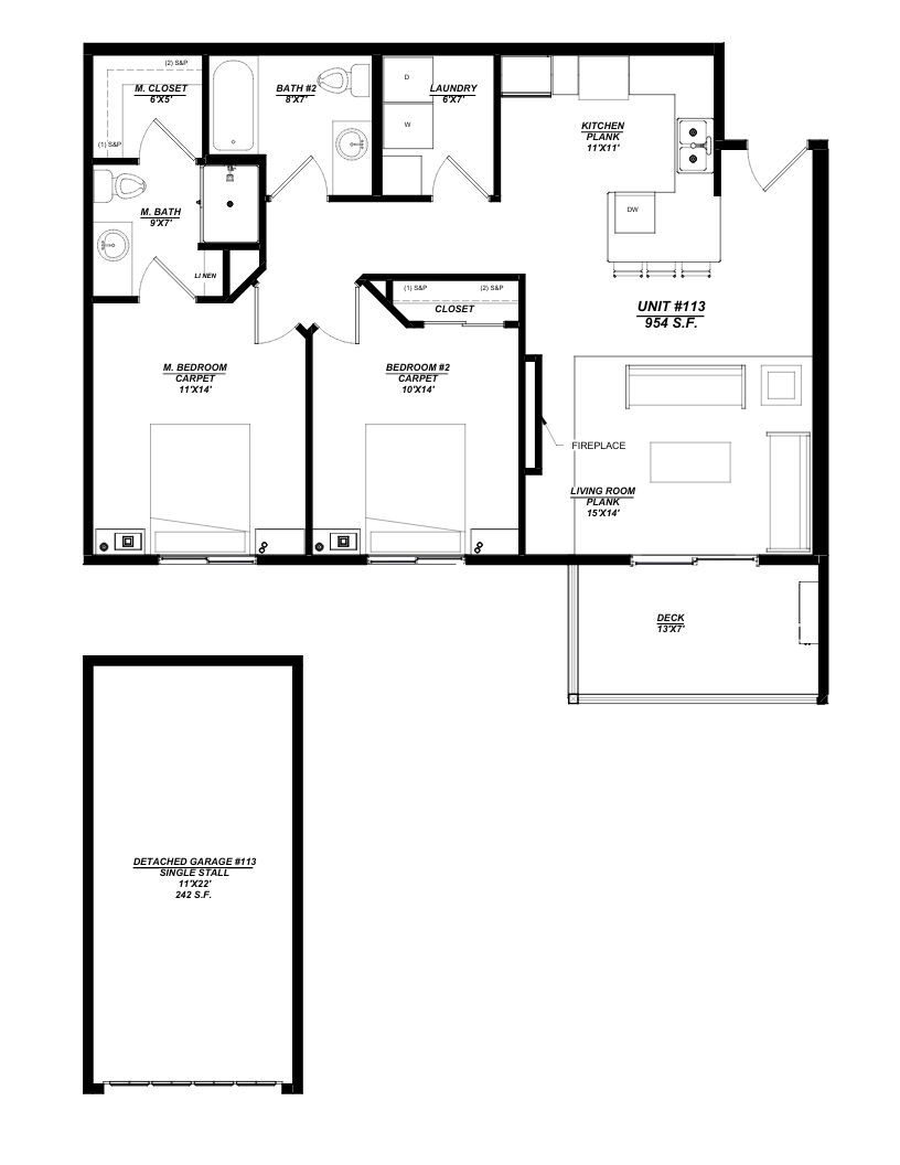Woodland Creek Unit 113 – 2 Bed | 2 Bath, 944 sq ft, detached 1-car garage